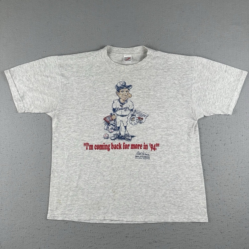 Vtg 90s Mal Fichman Erie Sailors T Shirt Men's‎ Large Gray Baseball Minor League
